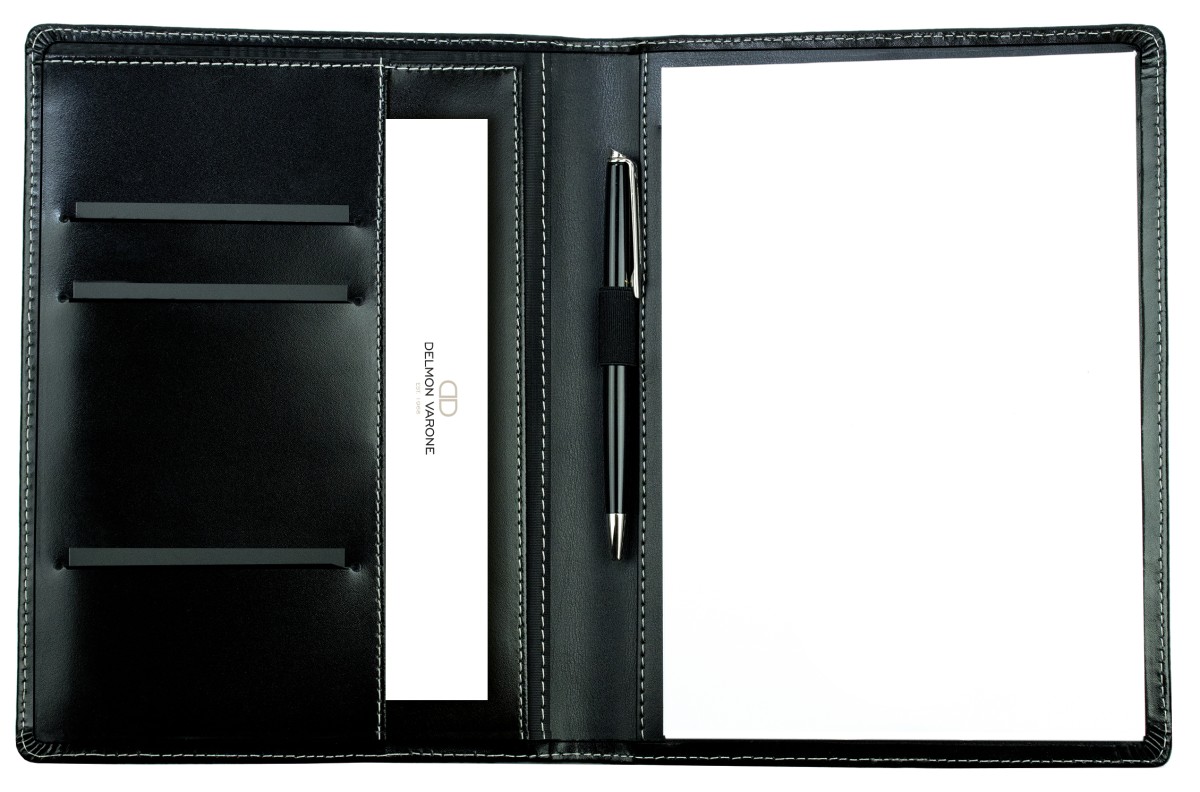 Schreibmappe DIN A5, incl. Memoblock CAMBRIDGE Top Grain Leder mit heller Kontrastnaht schwarz